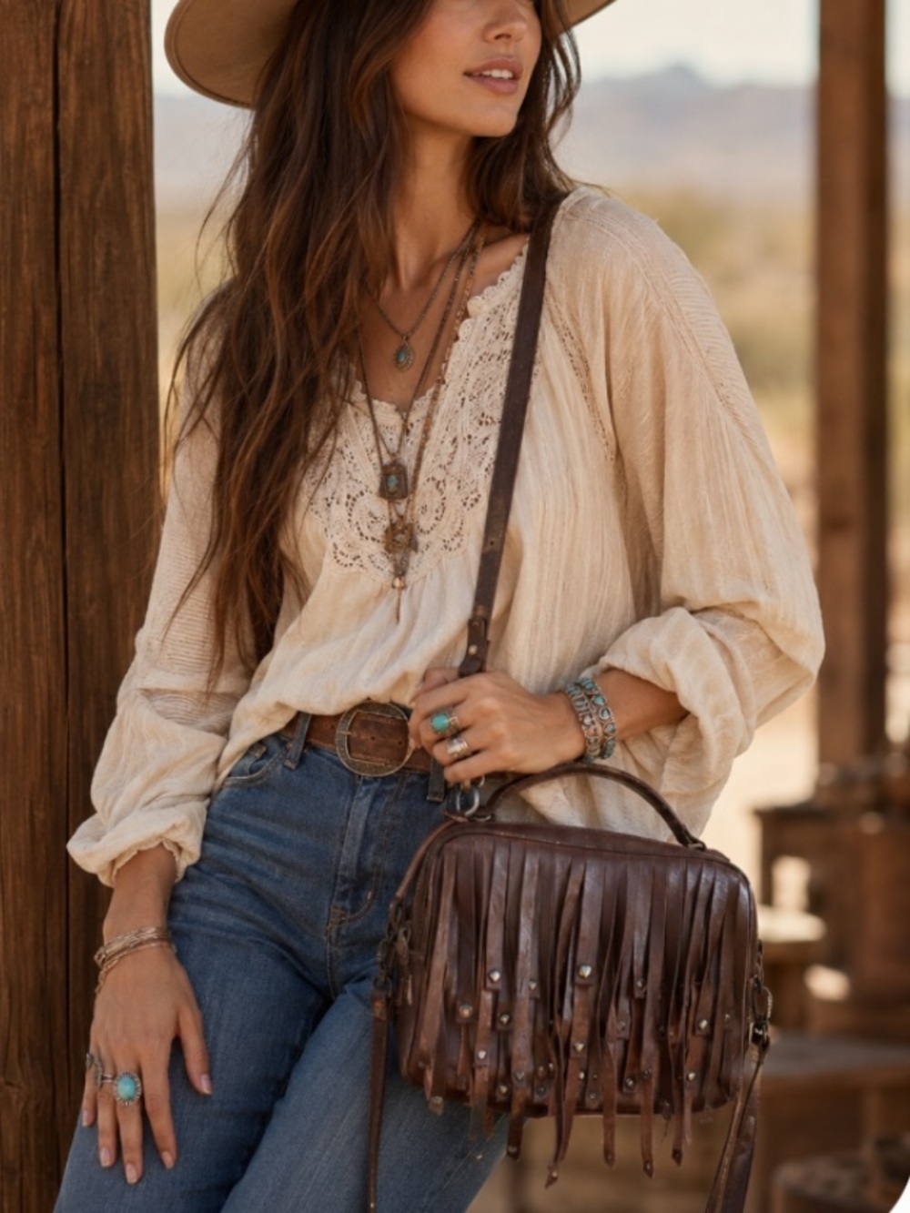 POL Leather Western Studded Fringe Crossbody Purse